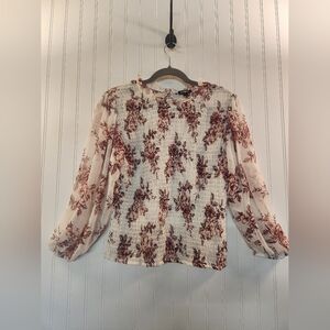 Express Women's White Burgundy Floral Sheer Chiffon Smock Peasant Top Size L